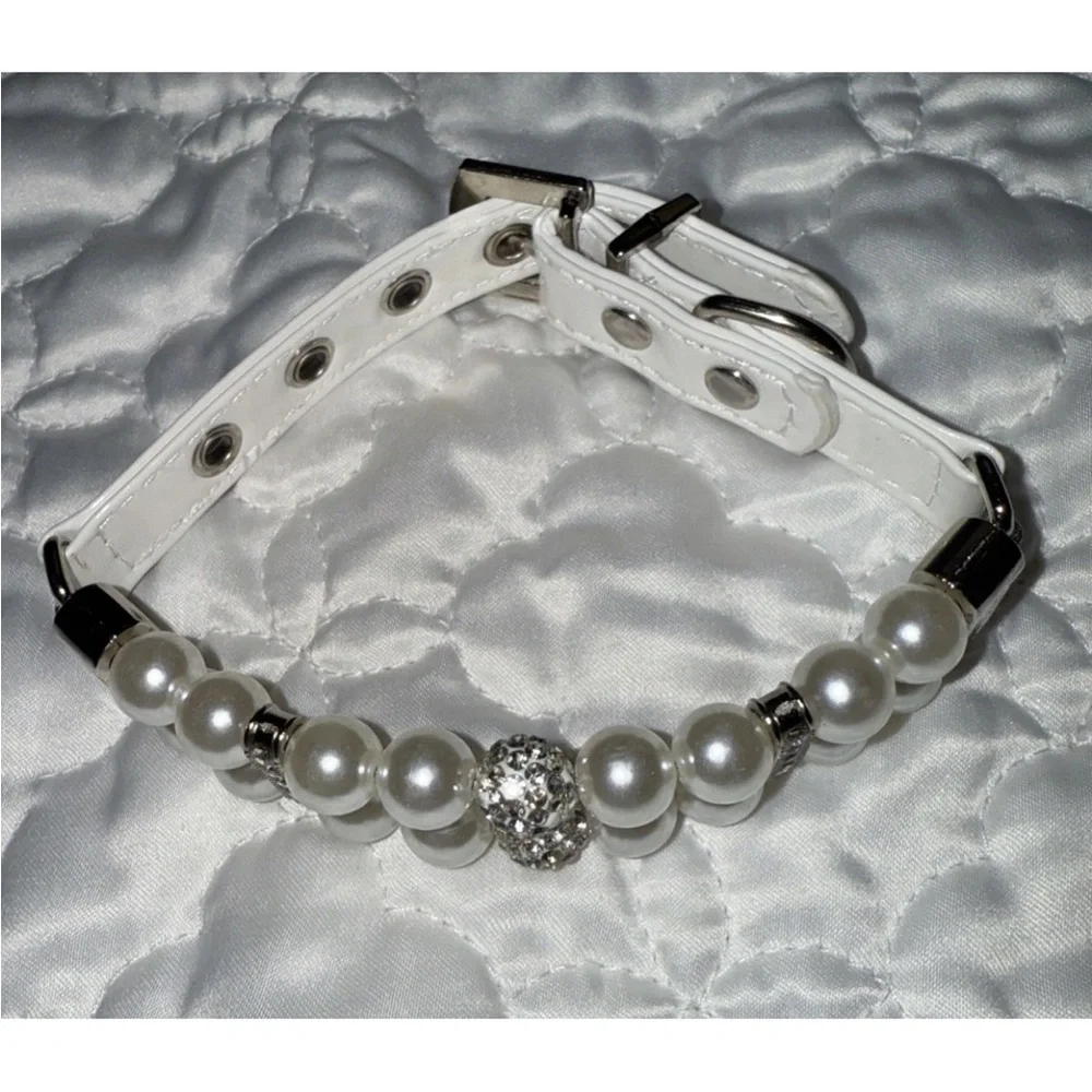 Zhaus White Faux Pearl & Rhinestone Luxury Statement Dog Collar, 12” NWOT